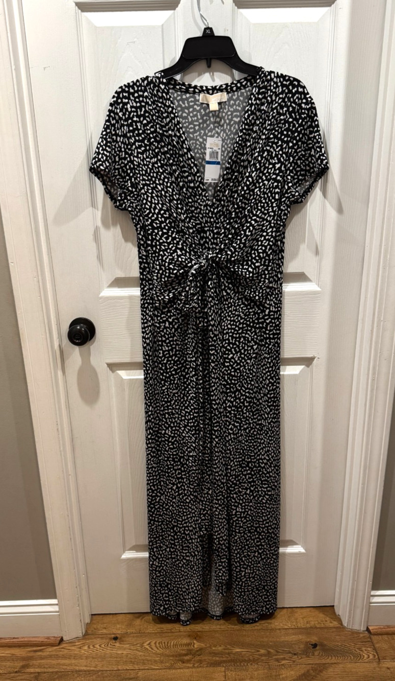 NWT Michael Kors Dress Black Wrap Tie Black White Spots Short Sleeve Womens XL